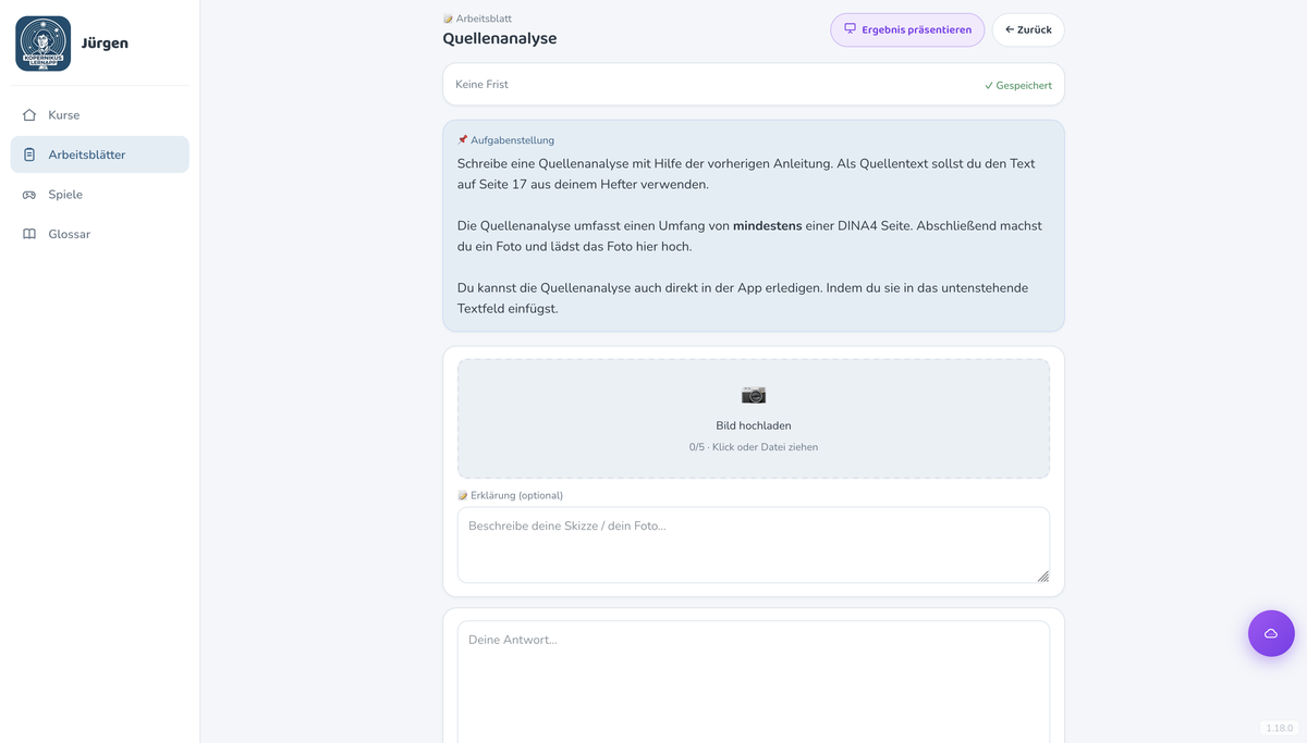 Interaktives Arbeitsblatt mit Aufgabenstellung und Antwortfeld