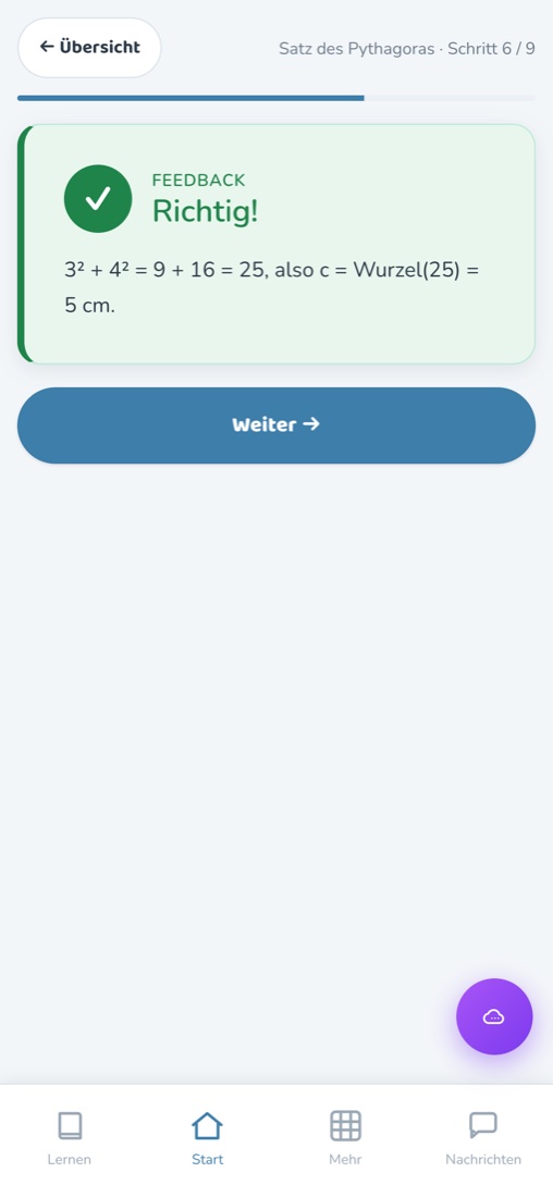 Sofortige Rückmeldung mit Lösungsweg