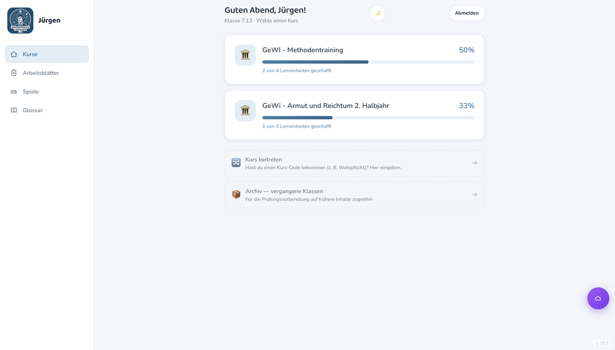 Schüler-Dashboard mit Kursen und Lernfortschritt