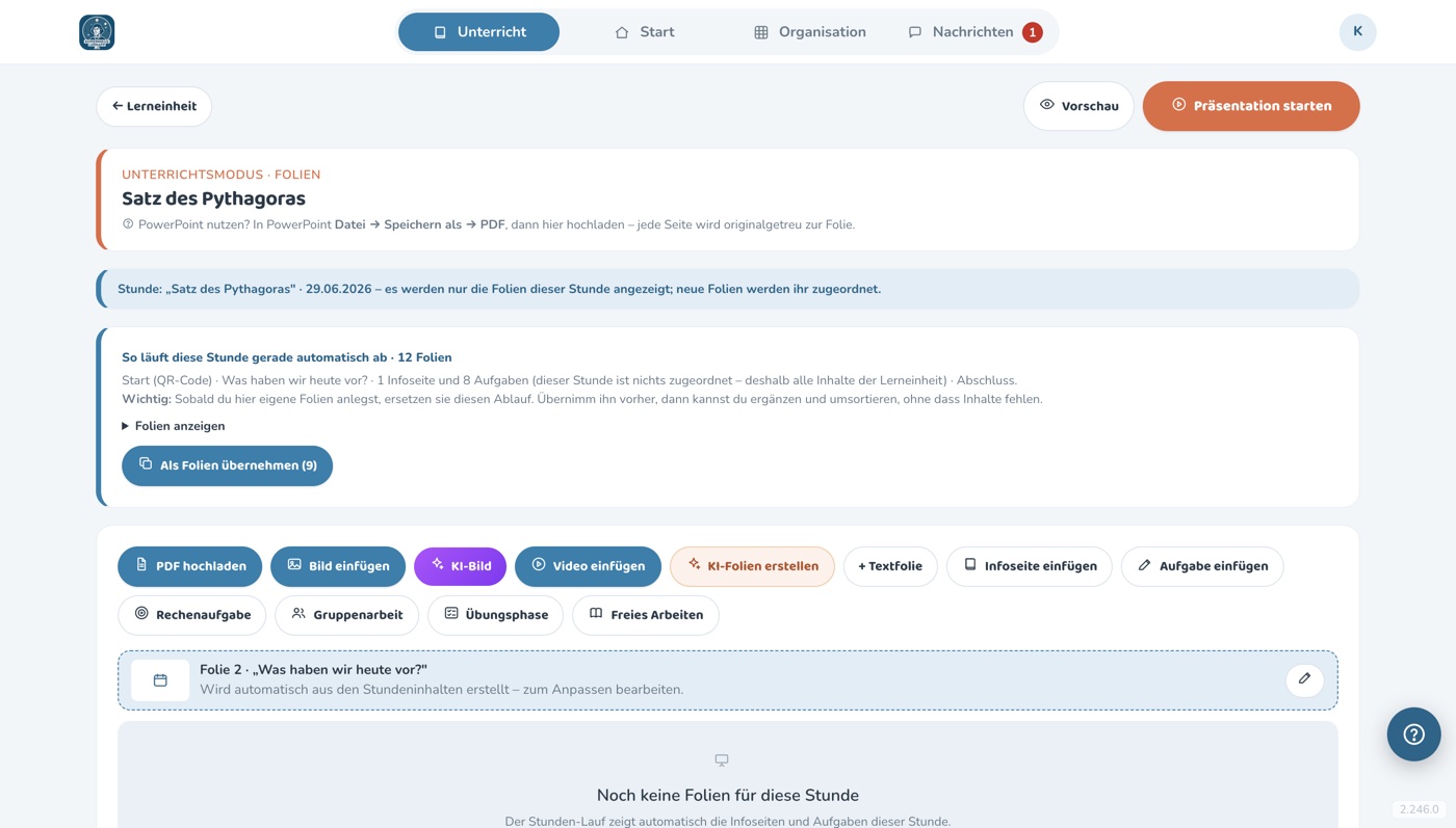 Folien-Editor mit automatischem Ablauf und Werkzeugen für eigene Folien