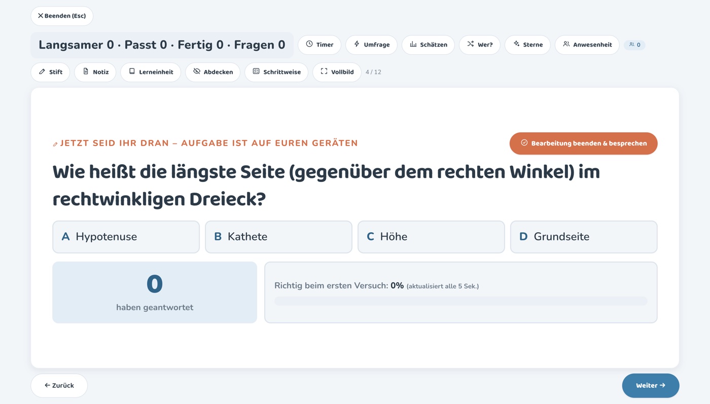 Unterrichtsmodus am Beamer: Aufgabe auf den Geräten der Klasse mit Live-Auswertung und Feedback-Zähler