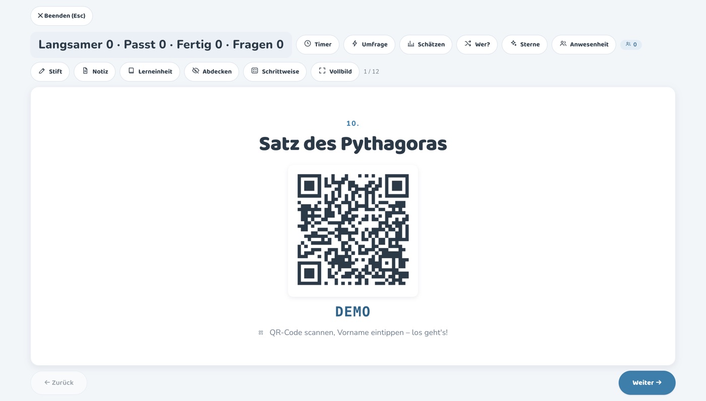 Start-Folie mit QR-Code und Klassencode zum Beitreten