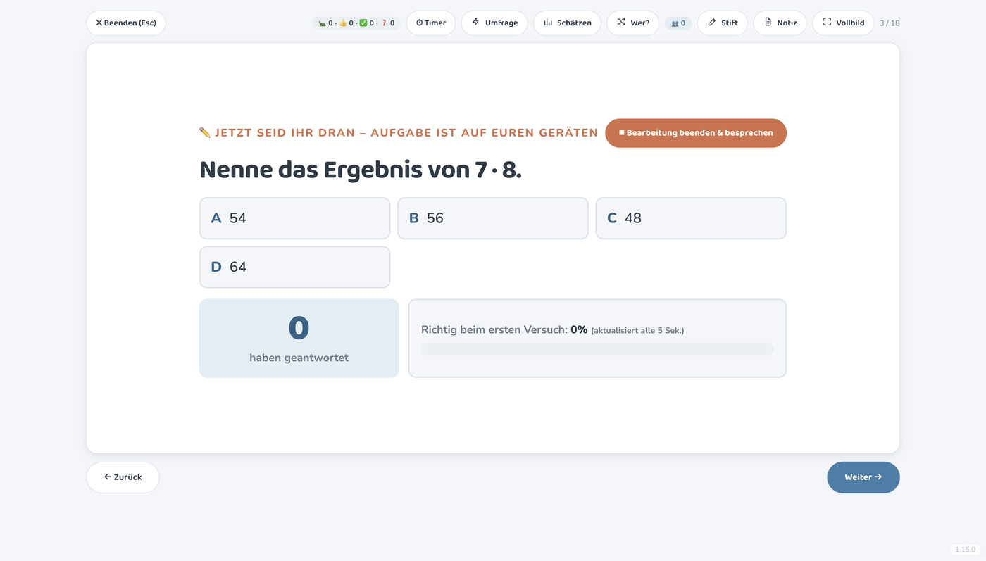 Unterrichtsmodus der Kopernikus Lernapp: Live-Quiz mit Frage und Antwortmöglichkeiten